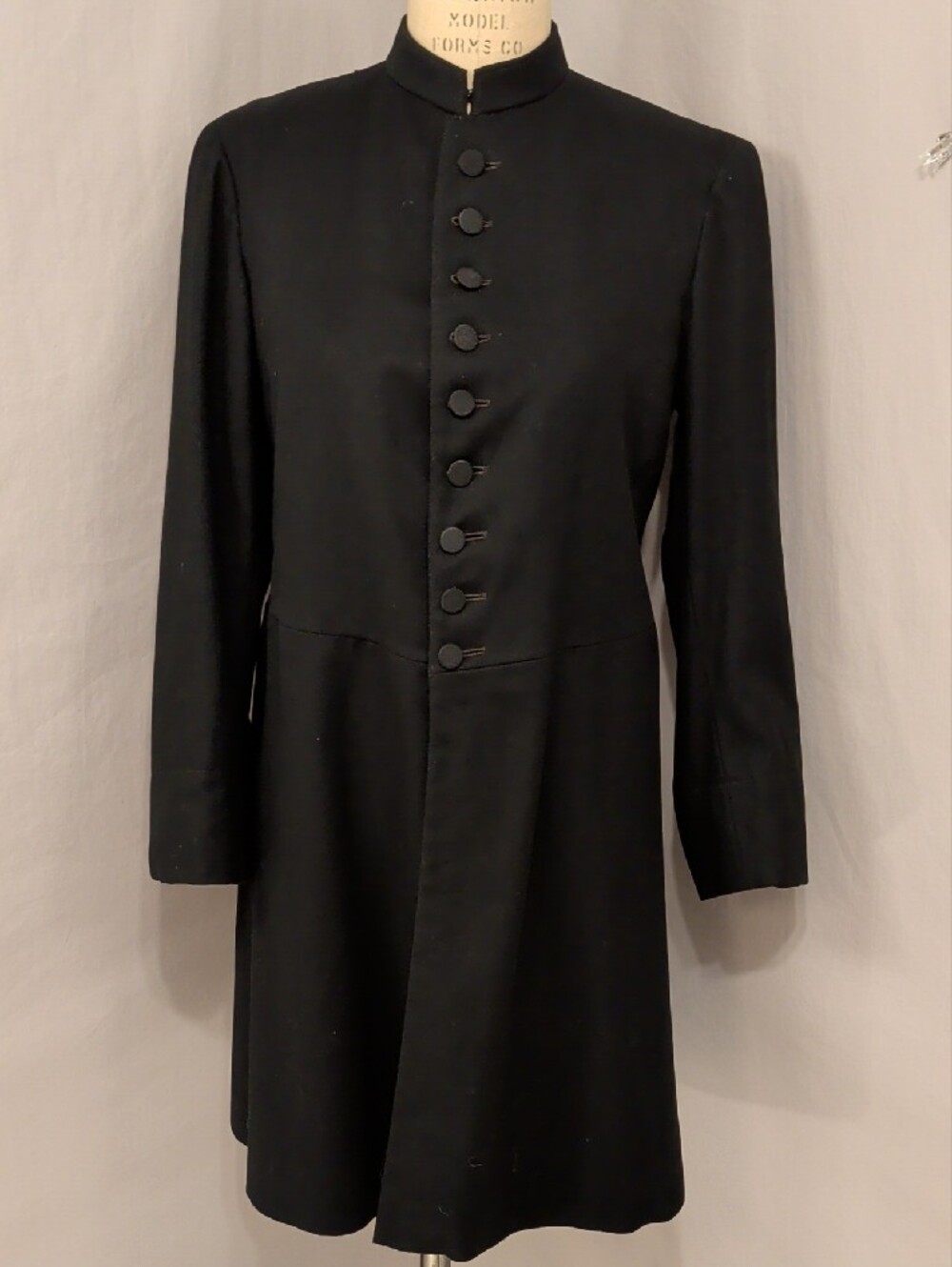 Antique Black Wool Military Frock Stand Collar  Coat Dress Jacket Front Button
